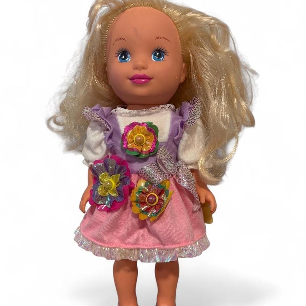 Vintage 1990s Tyco Flower Magic Mary Doll Floral Dress Pink Purple Blonde Toy